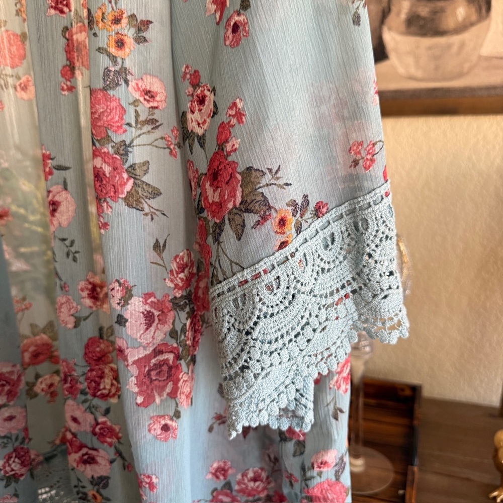 Floral Sheer Kimono Duster with Crochet Light Blue Pink Boho Layering Romantic - Picture 5 of 16